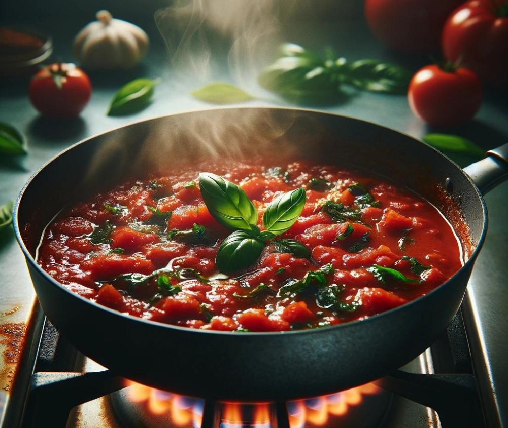 eine köchelnde Tomatensauce die super als selbstgemachtes Tiefkühlgericht dienen kann.