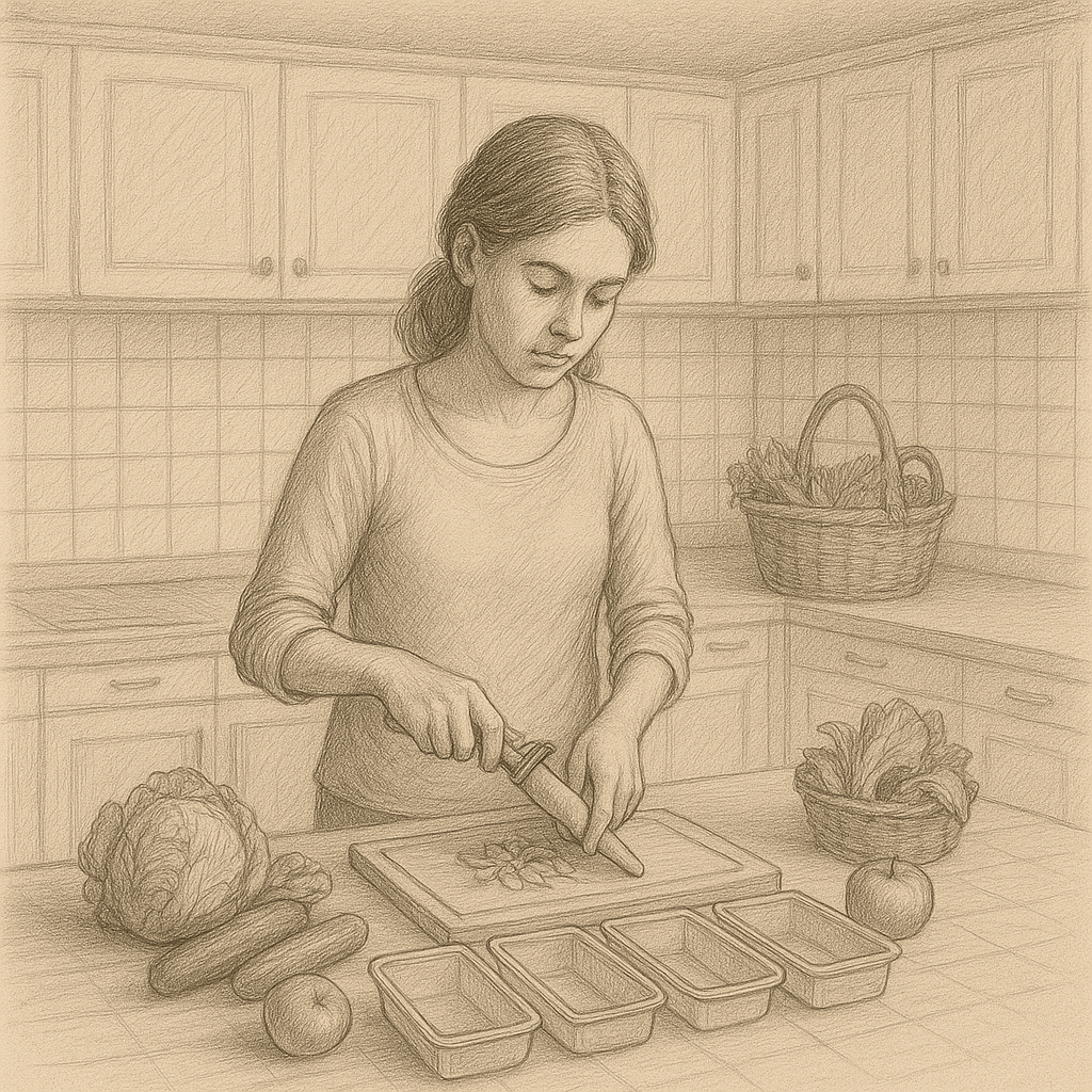 Frau schneidet Gemüse. Um Sie rum sind noch weitere Einkäufe aus dem Supermarkt zu sehen