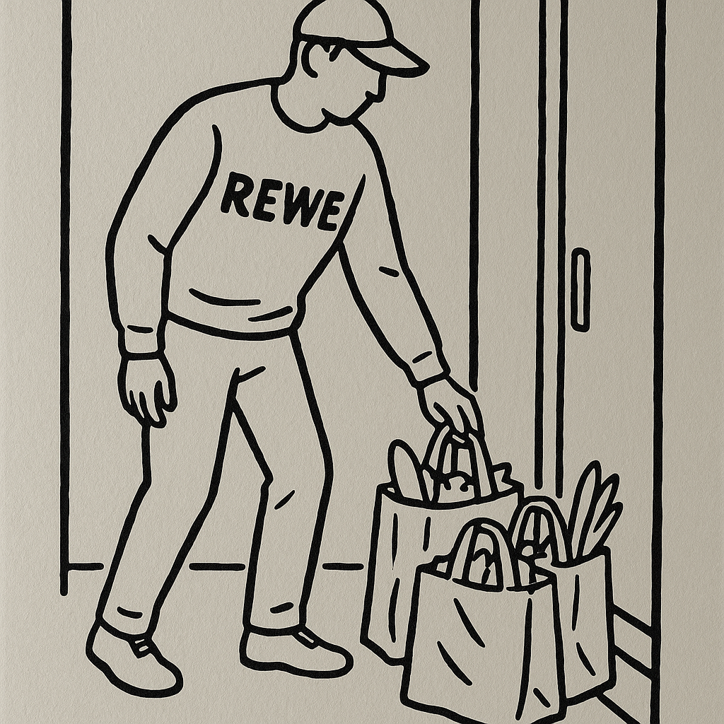 Rewe Mitarbeiter stellt vor der Wohnungstür die gelieferten Lebensmittel ab