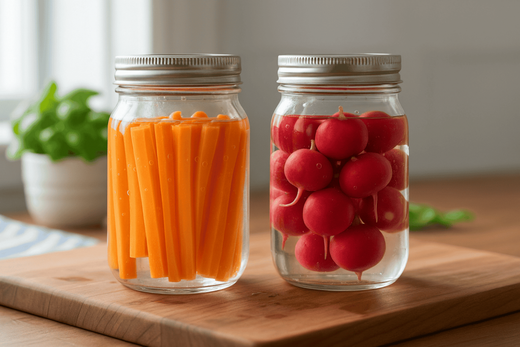 Karotten und Radiesschen geschnitten in einem Glas mit Wasser