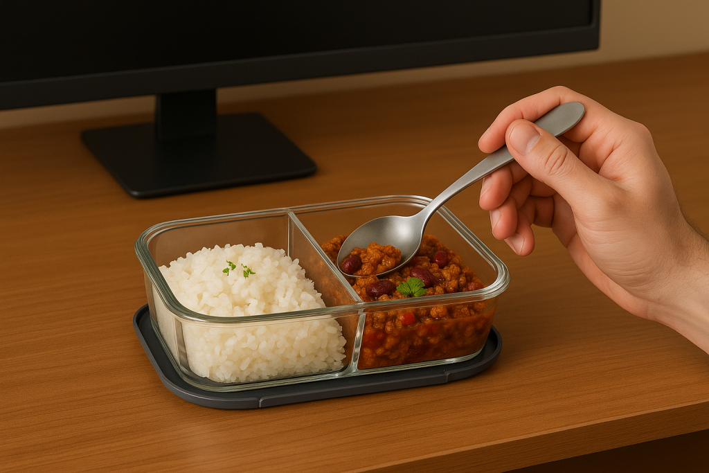 Reis und Chilli liegt in einer Meal Prep Box die aus zwei Fächern besteht. Es wird aus ihr auf einem Schreibtisch gegessen