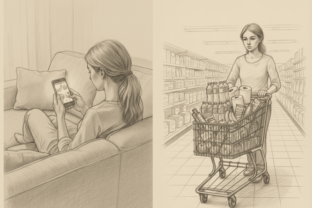 Frau bestellt Lebensmittel entspannt auf dem Handy vs. Frau schiebt überfüllten Einkaufswagen