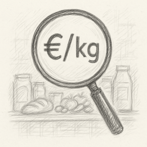 Eine Lupe zeigt auf Lebensmittel und beleuchtet den € Preis pro kg
