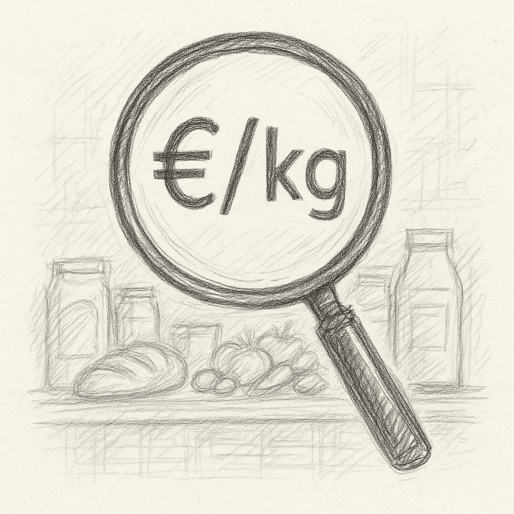 Eine Lupe zeigt auf Lebensmittel und beleuchtet den € Preis pro kg