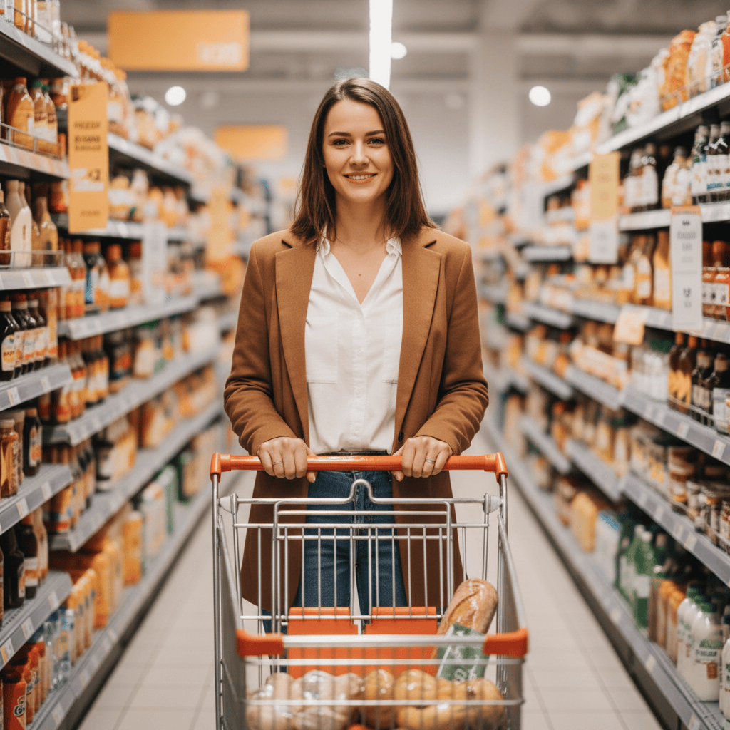 Eine Frau geht zufrieden durch den Supermarkt