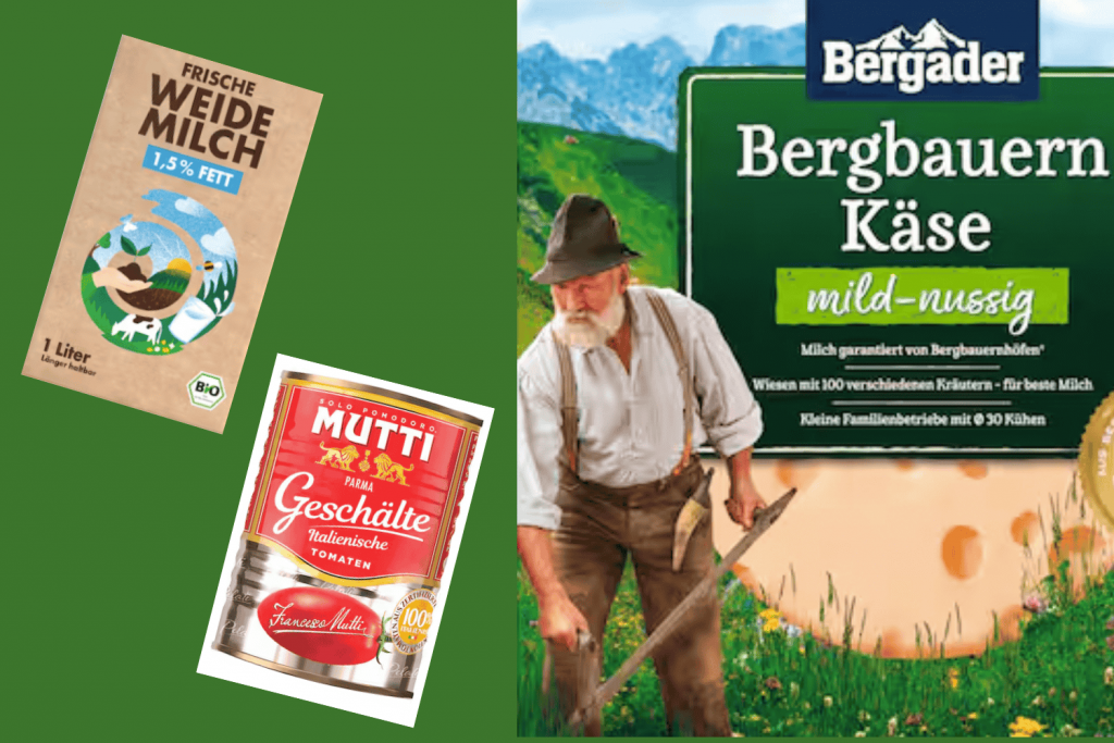 Drei Produktverpackungen vor grünem Hintergrund: Links oben eine braune Milchpackung mit der Aufschrift „Frische Weidemilch 1,5 % Fett, Bio“. Links unten eine rote Dose „Mutti Geschälte italienische Tomaten“. Rechts ein Werbebild für „Bergader Bergbauern Käse mild-nussig“, das einen älteren Mann in traditioneller Arbeitskleidung zeigt, der auf einer Bergwiese mit Sense arbeitet.