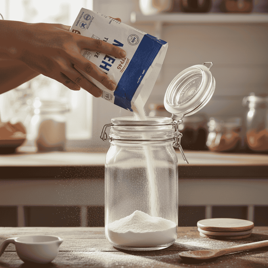 Mehl wird in einen luftdichten Behälter umgefüllt