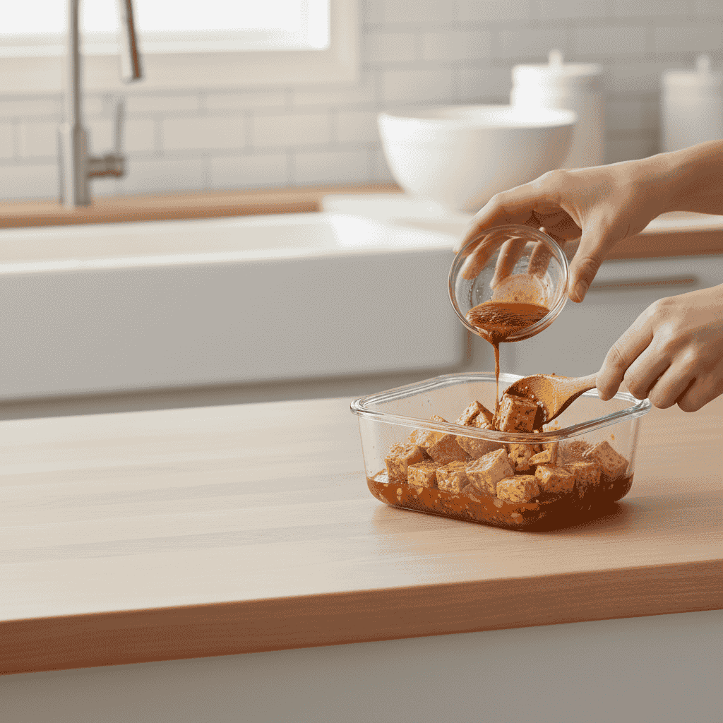 „Eine Person mariniert Tofuwürfel in einer Glasschüssel mit einer würzigen Soße – ideal als Vorbereitung für schnelle, proteinreiche Meal-Prep-Gerichte.“